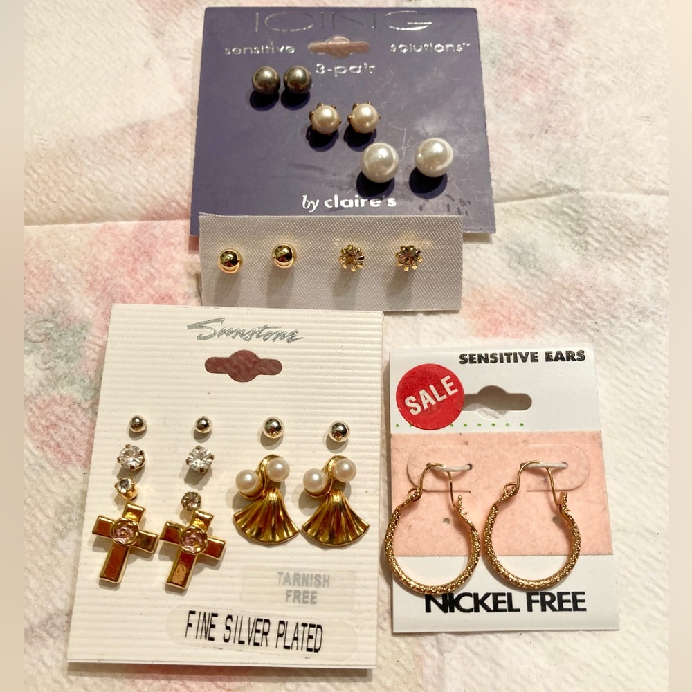 13 Pairs of Earrings. Sensitive Nickel Free Fine Silver Plated Tarnish Free.